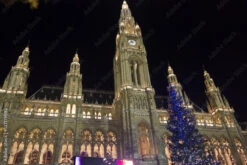 Fotografia Vienna Rathaus At Night Witha Christmas Tree On Its Side, No People