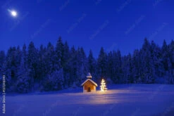 Fotografia Illuminated Christmas Tree In Front Of A Chapel In Winter, Bavaria, Upper Bavari
