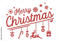 Fotografia Merry Christmas Lettering Design With Hanging Ornaments, Grunge Style, Vector