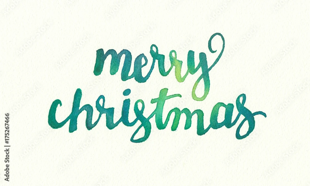 Fotografia Merry Christmas Greeting In Hand Painted Watercolor Design, Flowing Fancy Letter 3 Fotografia Merry Christmas Greeting In Hand Painted Watercolor Design, Flowing Fancy Letter