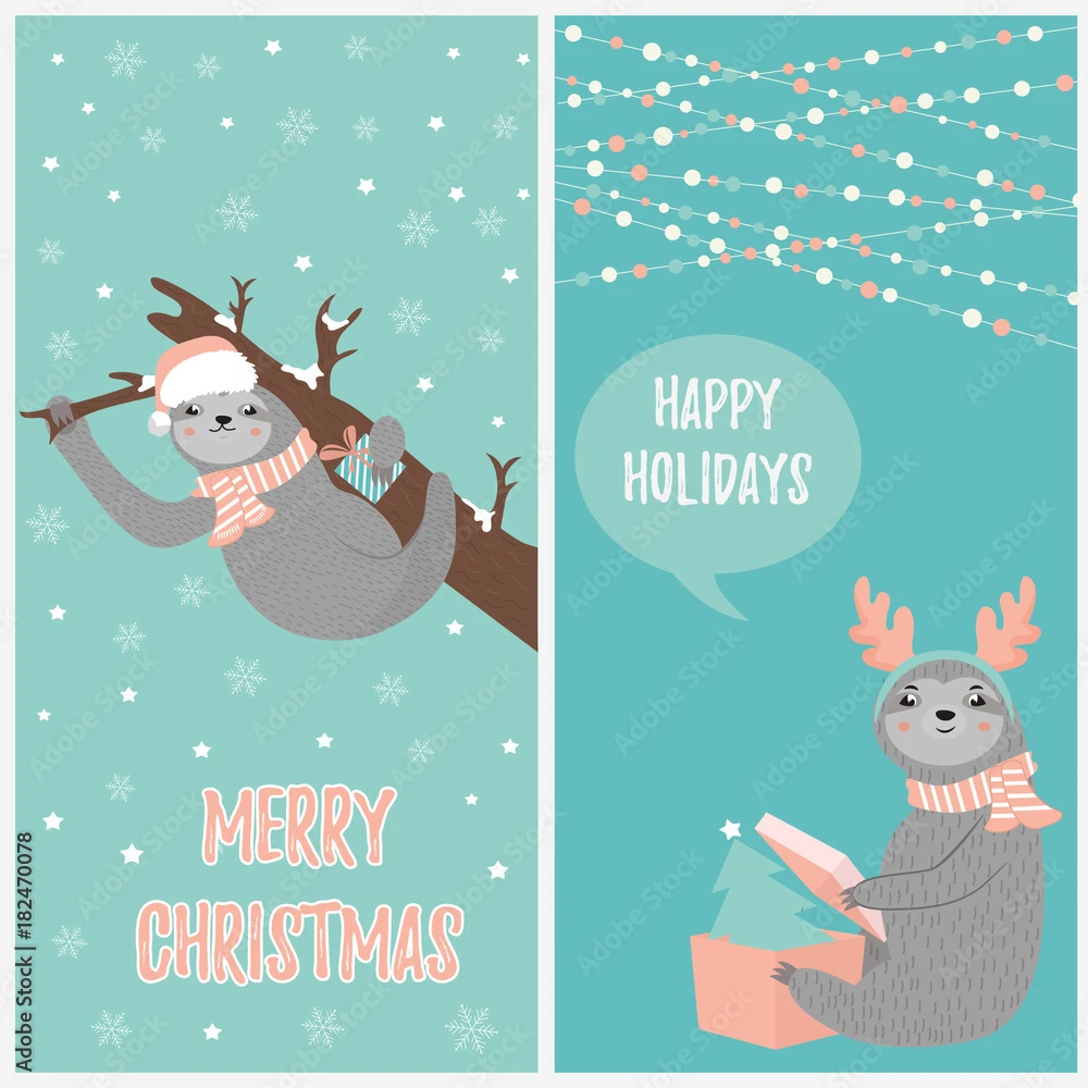 Fotografia Set Of Christmas Card With Two Funny Sloths In Winter Clothes 3 Fotografia Set Of Christmas Card With Two Funny Sloths In Winter Clothes