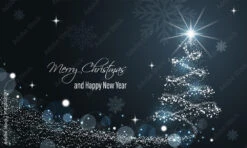 Fotografia Christmas And New Year Glowing Blue Vector Banner With Snow Wave, Glitter, Stars, Snowflakes And Christmas Tree