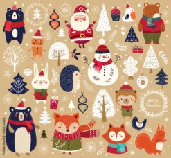 Fotomurale Christmas Collection With Cute Animals, Snowman And Santa