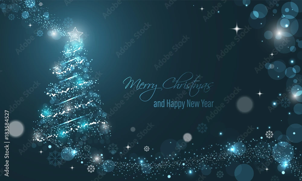 Fotografia Iluminated Christmas Tree With Glitter, Stars, Snowflakes And Transparent Circles On A Blue Winter Glowing Vector Background 3 Fotografia Iluminated Christmas Tree With Glitter, Stars, Snowflakes And Transparent Circles On A Blue Winter Glowing Vector Background