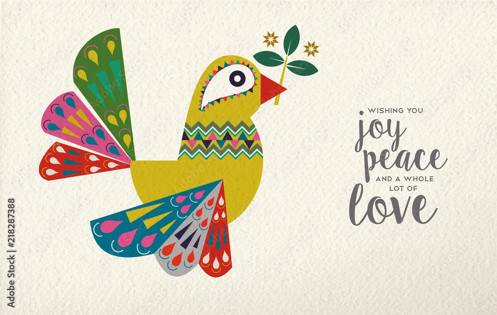 Fotomurale Christmas And New Year Dove Bird Folk Art Card 3 Fotomurale Christmas And New Year Dove Bird Folk Art Card