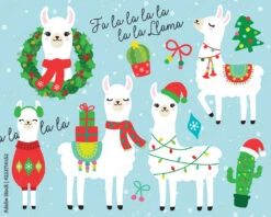 Fotografia Cute Llama And Alpaca With Christmas Holidays Theme Vector Illustration