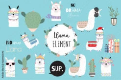 Fotomurale Blue Hand Drawn Cute Card With Llama, Heart Glasses And Hat In Winter Christmas