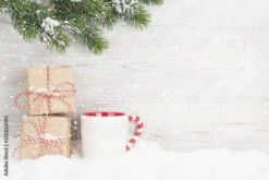 Fotografia Christmas Gift Boxes, Cup And Fir Tree