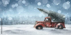 Fotografia Old Red Toy Truck With Christmas Tree Loaded On The Back