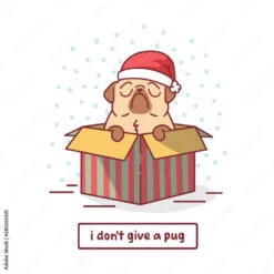 Fotografia Cartoon Pug Dog Character In Christmas Gift Box And Santa Claus Hat With Falling
