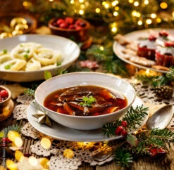 Fotografia Christmas Mushroom Soup, A Traditional Vegetarian Mushroom Soup Made With Dried Forest Mushrooms In A Ceramik Plate On A Festive Table
