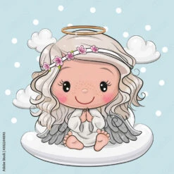 Fotografia Cartoon Christmas Angel Is Sitting On A Cloud