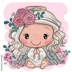 Fotografia Cartoon Christmas Angel With Flowers