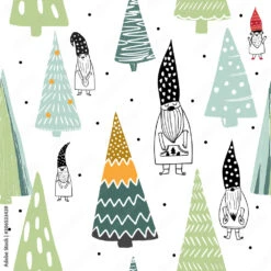 Fotomurale The Elegant Colorful Scandinavian Christmas Nordic Gnomes And Trees Seamless Pat