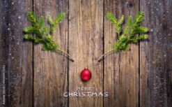 Fotografia Christmas Concept - Reindeer Made With Fir Branches And Red Ball On Wooden Plank