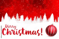 Fotografia Merry Christmas! Red Background With White Snow Silhouette And Ornament